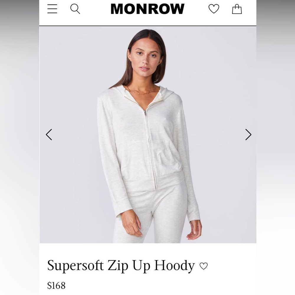 MONROW supersoft zip up hoody in Ash. Size Small.